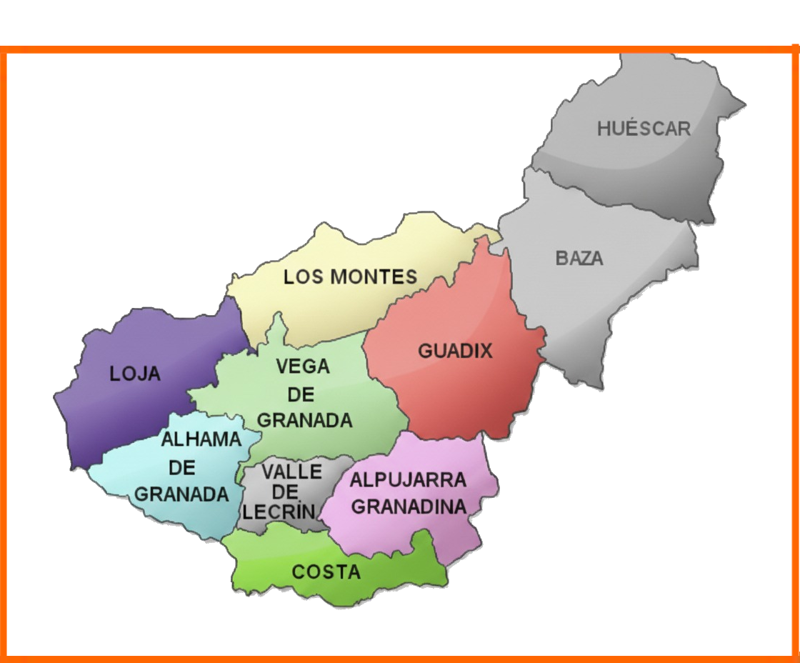 Mapa de Granada con las comarcas de Huescar y Baza no incluidas