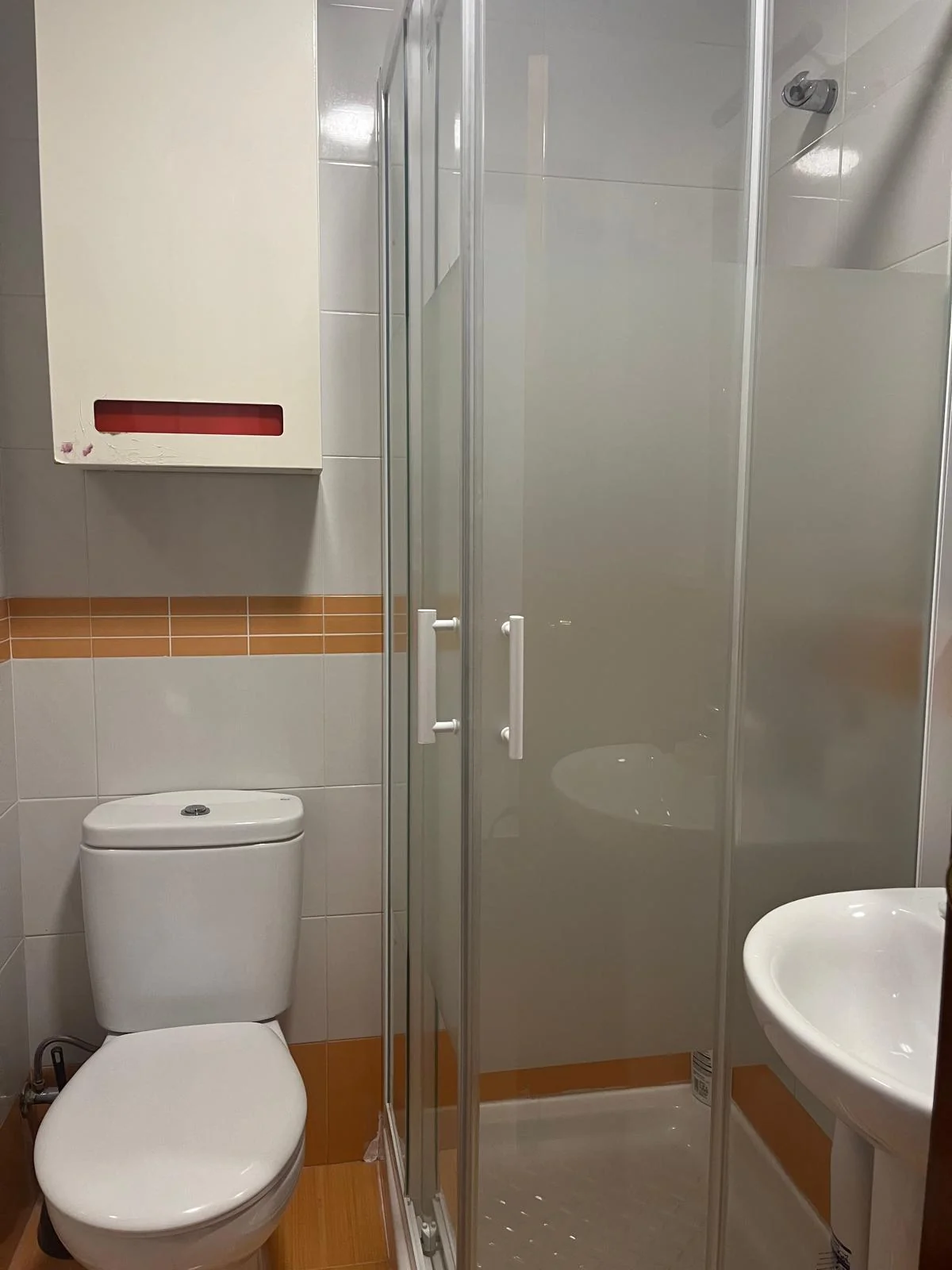 Baño reformado con ducha, inodoro y lavabo