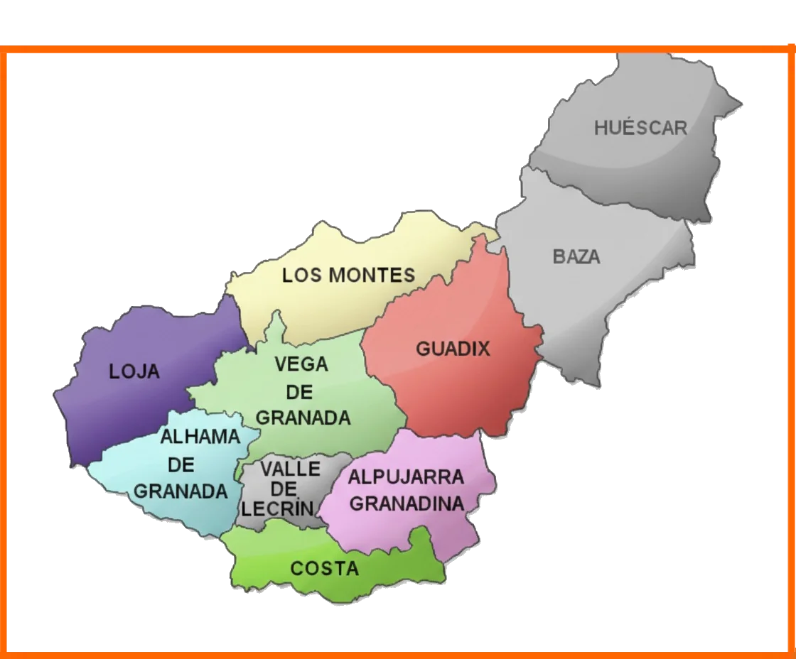 Mapa de Granada con las comarcas de Huescar y Baza no incluidas